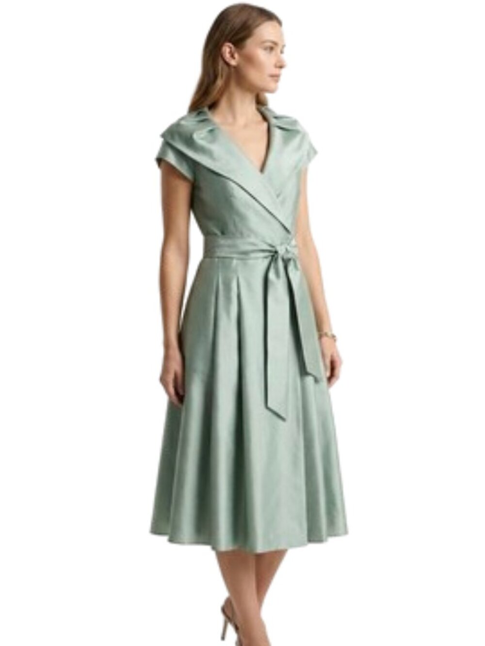 Willow Glenn Sage Green / Blue Satin Wrap Dress - Midi Fit & Flare - Size 10